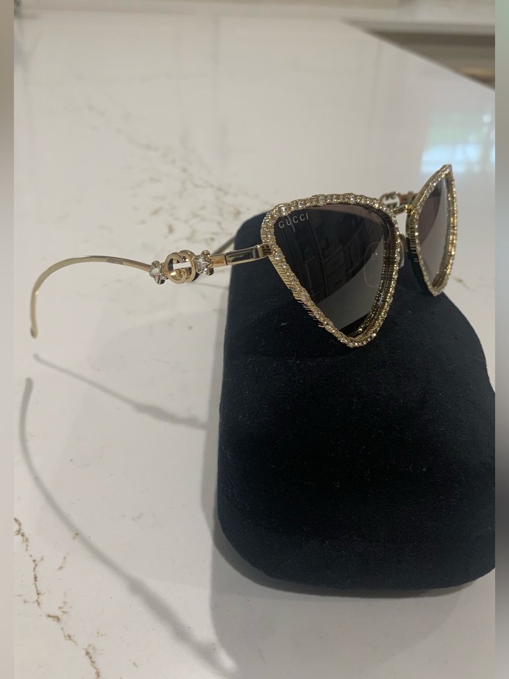 Luxurious Gucci GG1569S 001 Crystal Sunglasses Gold/Brown Cat Eye 60-17-135
